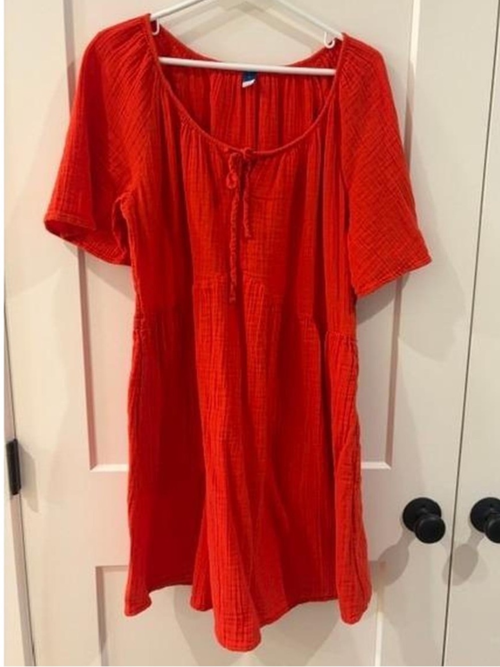 Old Navy Cotton Gauze Short Sleeve Tiered Mini Dress Pockets Orange Red Large